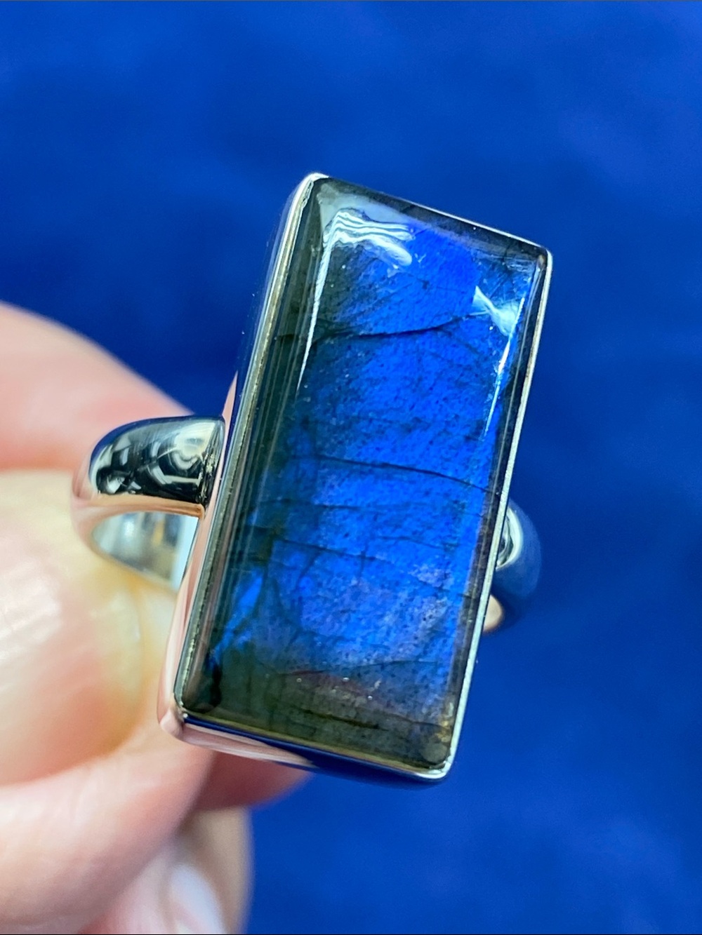 Blue Labradorite Rectangular Ring in Solid Sterling Silver 925 Size 6